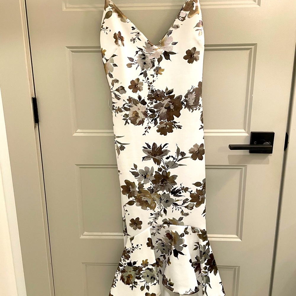 Brand New white cocktail dress, with silver and gold foil flower designs
